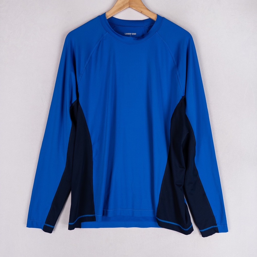 Lands' End Mens Rash Guard Swim Shirt L Blue Navy Long Sleeve Performance UPF